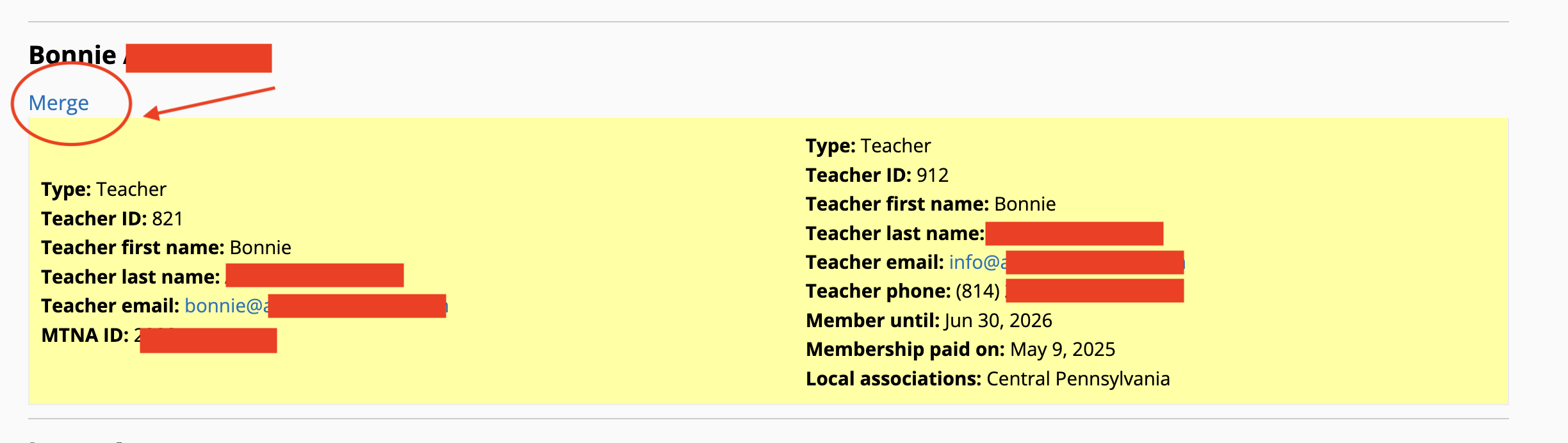 Screenshot of the duplicate teacher functionality